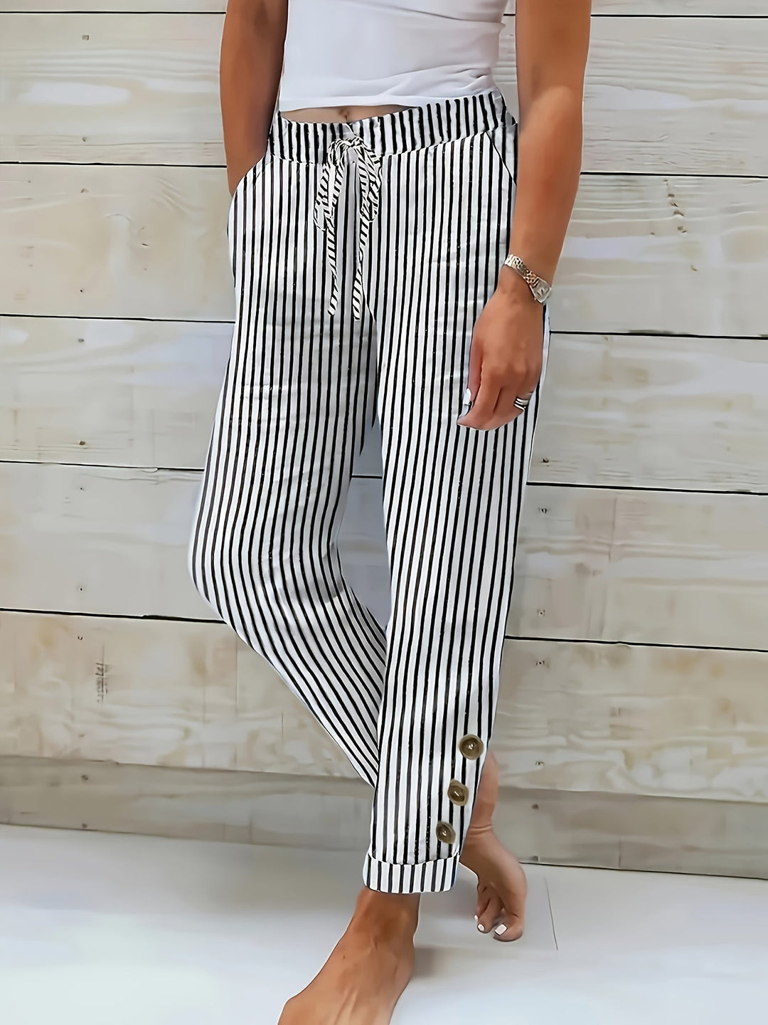 Cassara - Elastic Waist Striped Pocket Pants