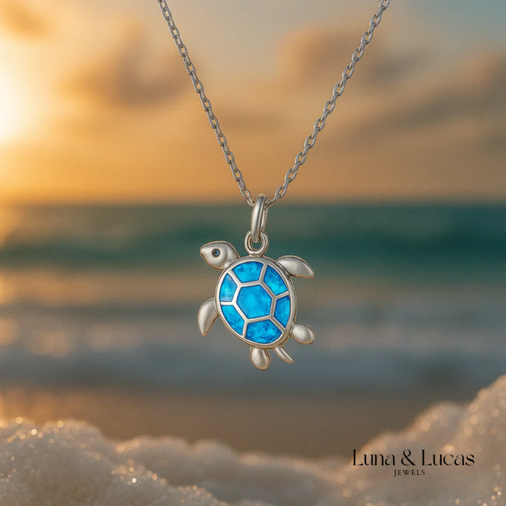 Silver Turtle Necklace with Blue Opal