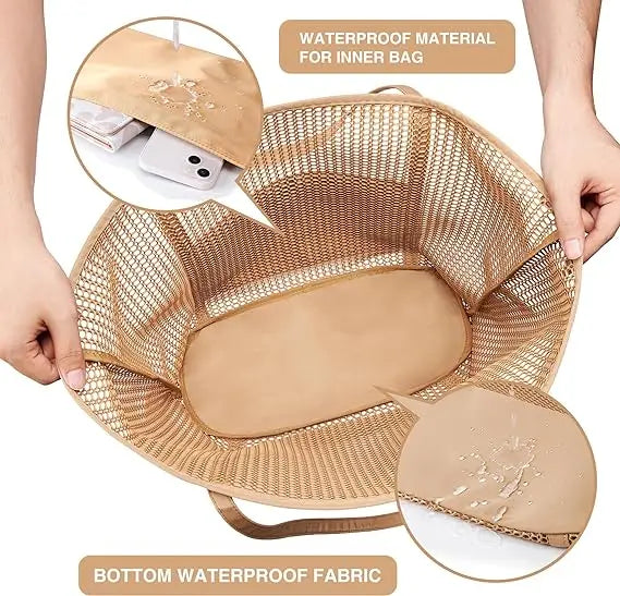 Custom Large Capacity Portable Durable Nylon Beach Mesh Tote Bag Womens Shoulder Handbag Grocery Bag